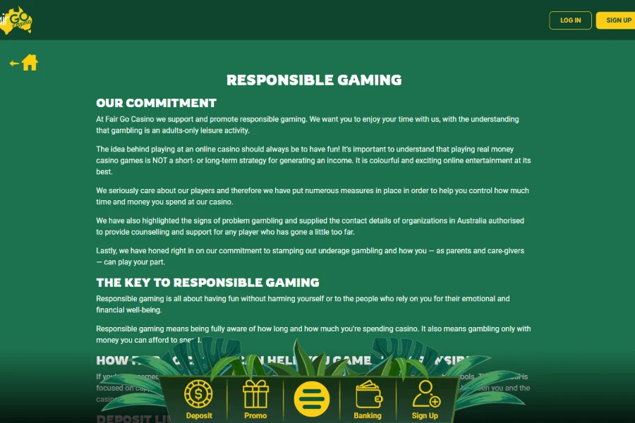 The Fair Go Casino responsible gambling page showing account limit tools