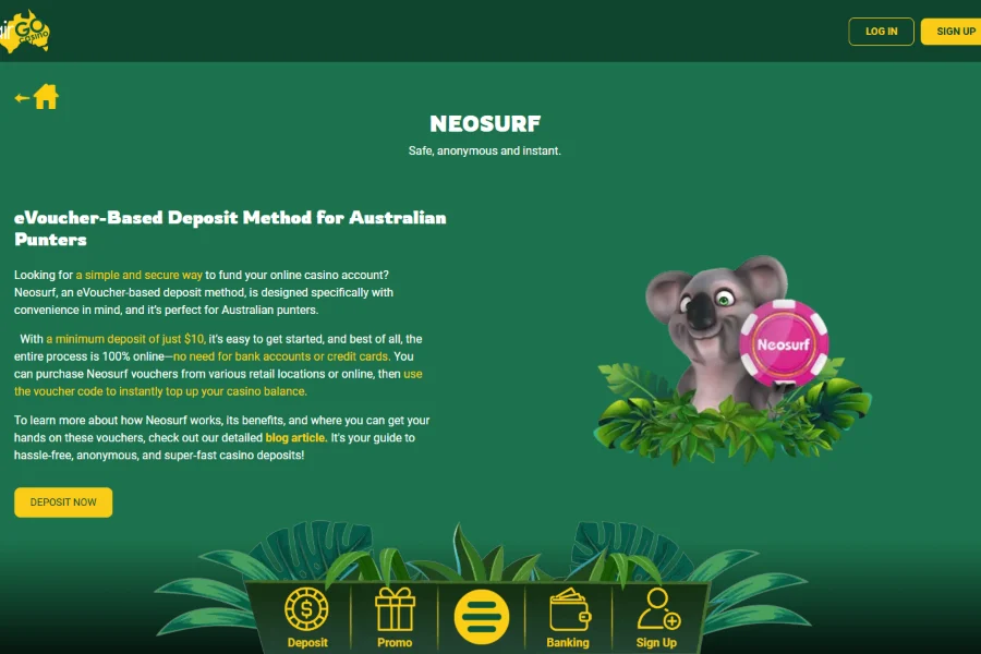 The Neosurf page at Fair Go Casino explaining voucher deposits