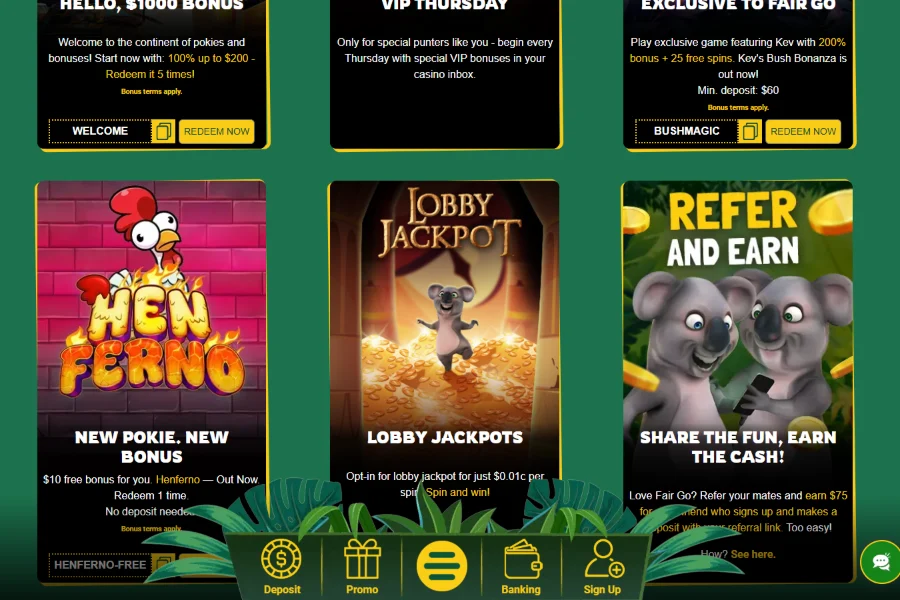 Bonus terms at Fair Go Casino showing match percentages, codes and minimum deposits