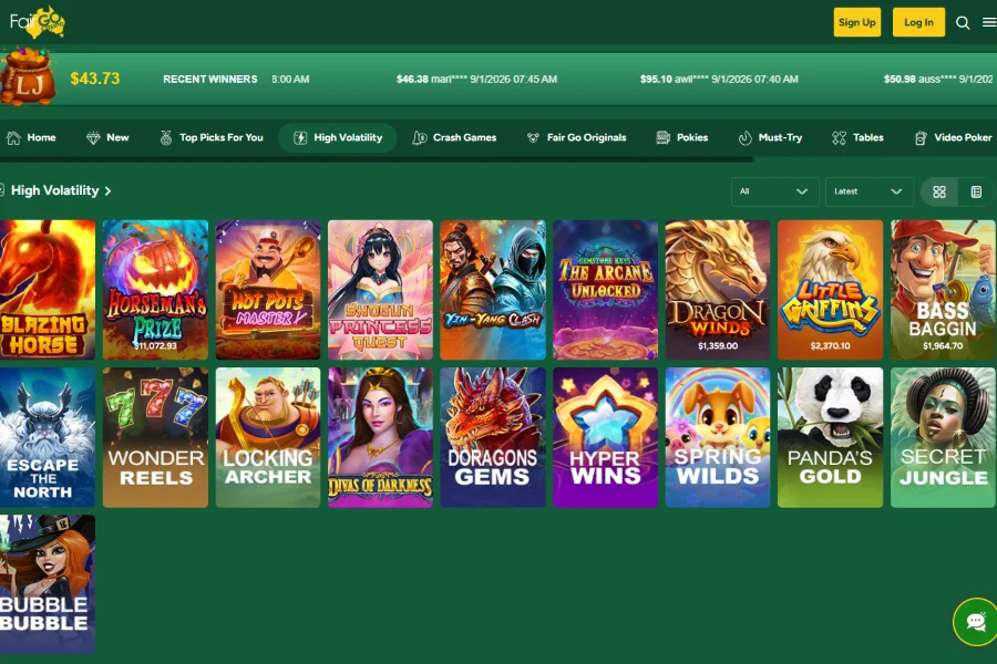 The High Volatility category in the Fair Go Casino lobby