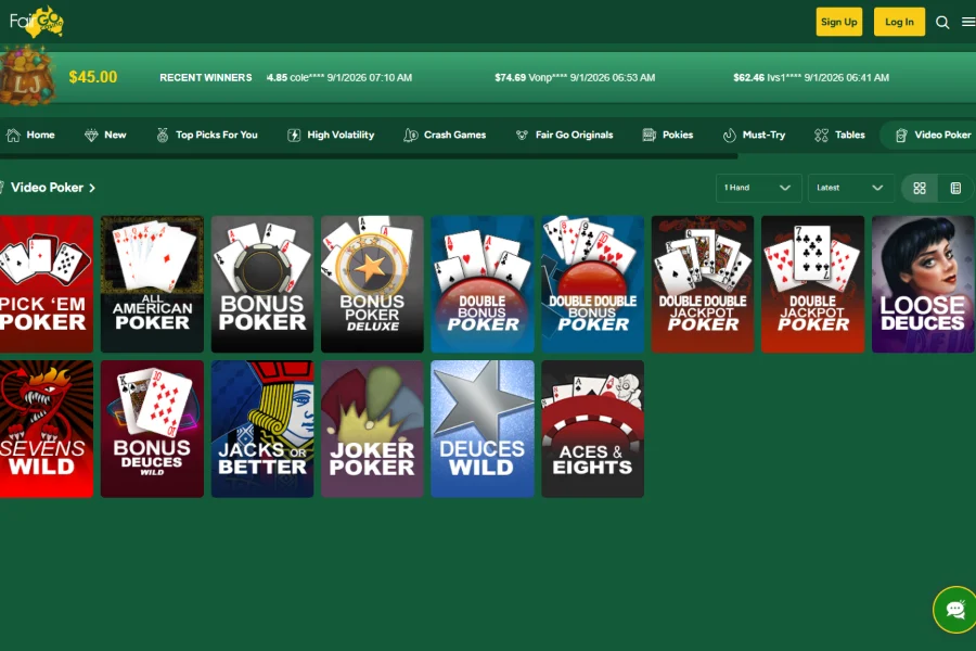The Video Poker category in the Fair Go Casino lobby
