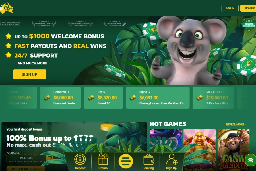 The Fair Go Casino home page showing the welcome offer for Australian players