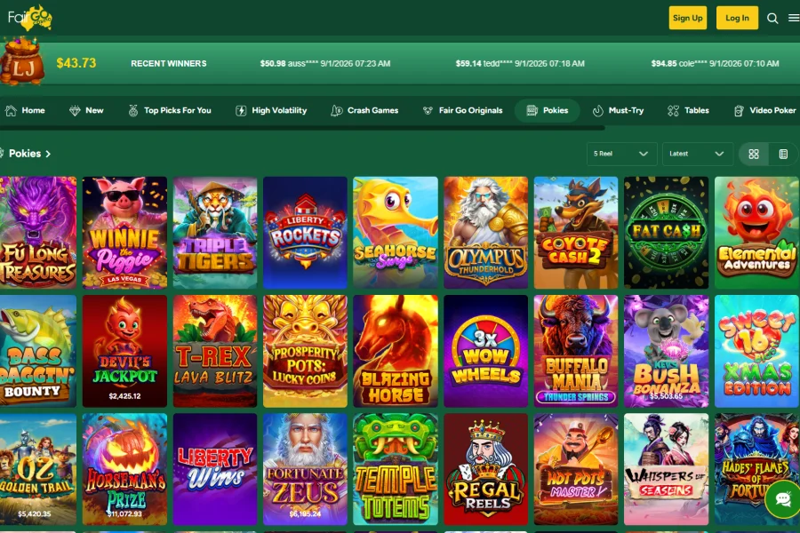 The Pokies category in the Fair Go Casino lobby with running jackpot totals