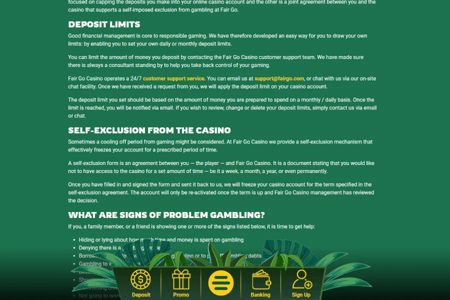 Deposit limits and self-exclusion options at Fair Go Casino